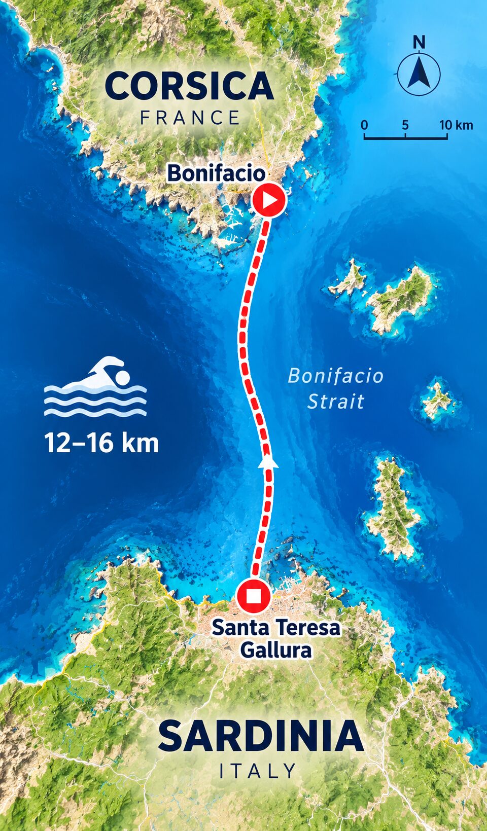 Illustrative map of the Bonifacio Strait between Santa Teresa Gallura in Sardinia, Italy and Bonifacio in Corsica, France