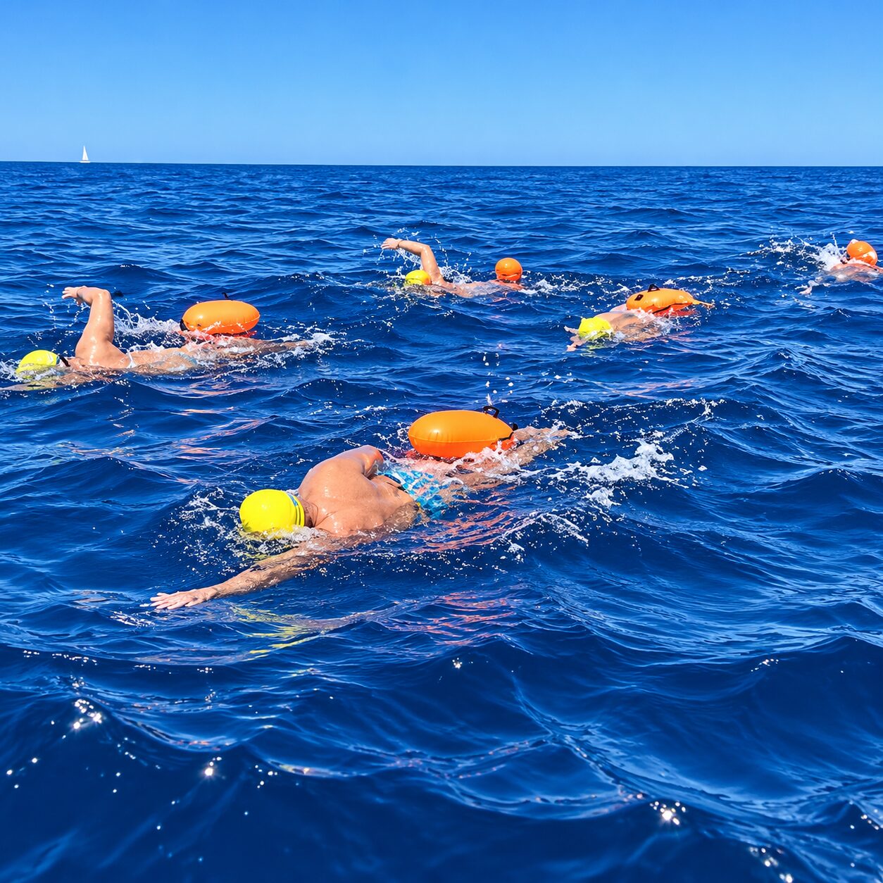 Vladswim swimmers crossing the deep blue Mediterranean with bright swim floats